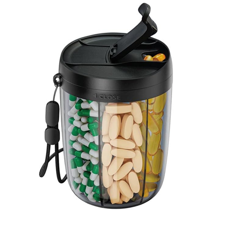 Large Pill Bottle Organizer - Supplement Organizer for Holding 6 Various Vitamins - Pill Box Case with Anti-Mixing & Wide Opening Design, Easy to Retrieve Meds, Includes 28 Pcs Stick-on Labels (Black)