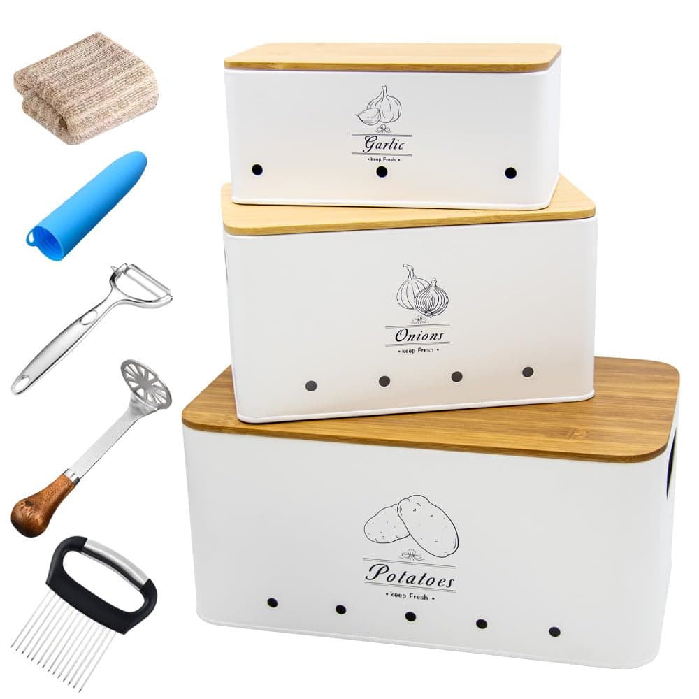 8PCS Kitchen Vegetable Storage Containers,Potato and Onion Garlic Storage Bin with Peeler,Slicer,Masher,Garlic Press & Cloth, Carbon Steel Potato Storage Box with Airflow & Wooden Lid (White)