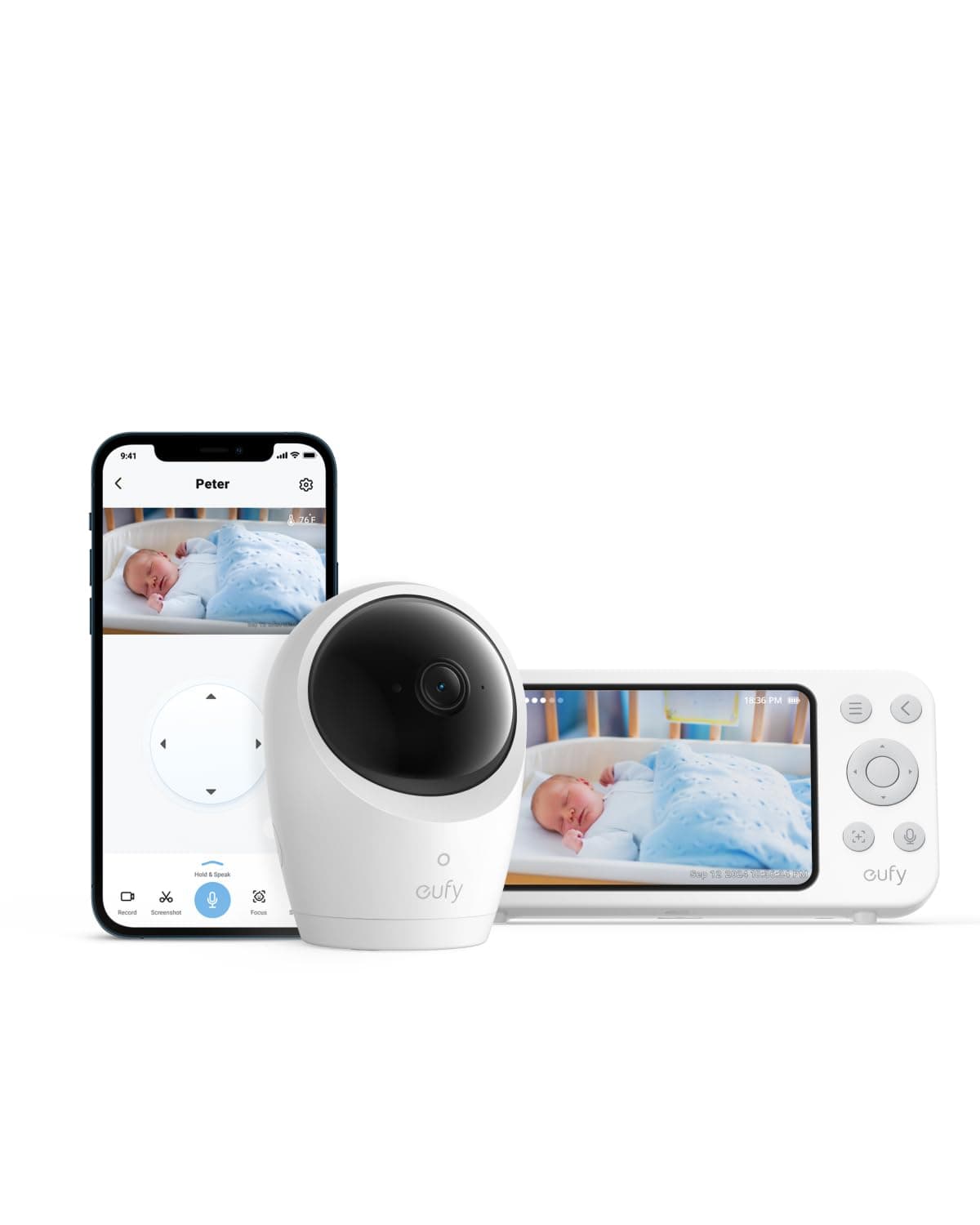eufy Baby Monitor E20 with 2K Camera, Hybrid Wi-Fi and No Wi-Fi Connection, App and Monitor Control, Ultra-Clear Night View, Pan-Tilt, 4× Zoom, Portable Camera with Built-In Battery, ANR, Smart Alerts