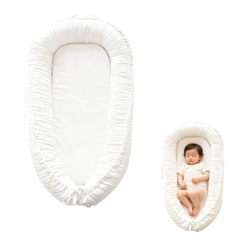Infant Lounger, Baby Nest Pod 21x31in, Newborn Lounger 0–24 Months, 360° Bumper, Adjustable Ties, Portable Handles, 100% Cotton Breathable, Machine Washable (White)