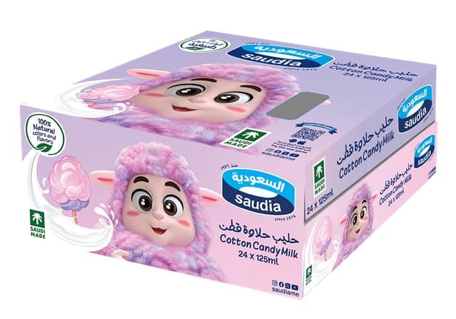 Saudia Cotton Candy Flavored Milk Drink 125ml x 24 Pack | Ready-to-Drink UHT Milk Beverage