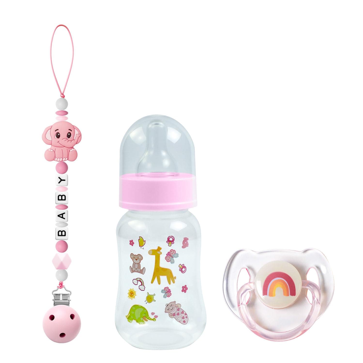 SCOM Reborn Baby Dolls Accessories Set - Rainbow Transparent Magnetic Pacifiers & Removable Reusable Baby Doll Bottles with Silicone Pacifier Clips for Reborn Dolls Girls, Pink Style, 3 Pcs