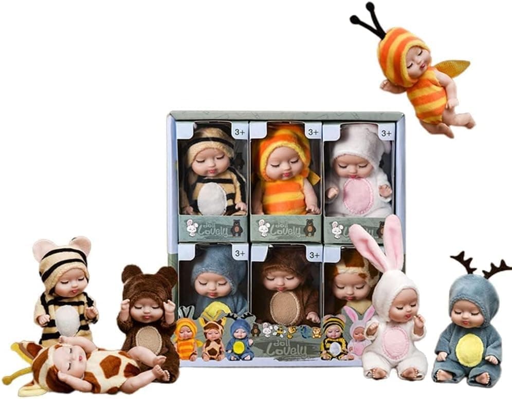 Aputue Mini Doll Set, 6PCS Small Doll Collection with Animal Outfits and Accessories, Cute Realistic Miniature Baby Dolls for Girls Kids Birthday Party Favors and Gifts