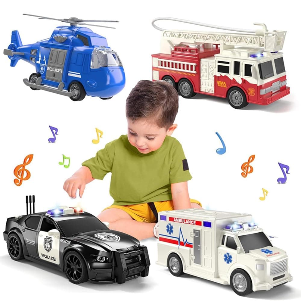 Car Toy Emergency Vehicles for Kids Helicopter Police Car Fire Truck Ambulance Friction Powered Toys Friction Powered Vehicles with Light and Sound for Toddlers Gifts for Boys Girls 4 Pack