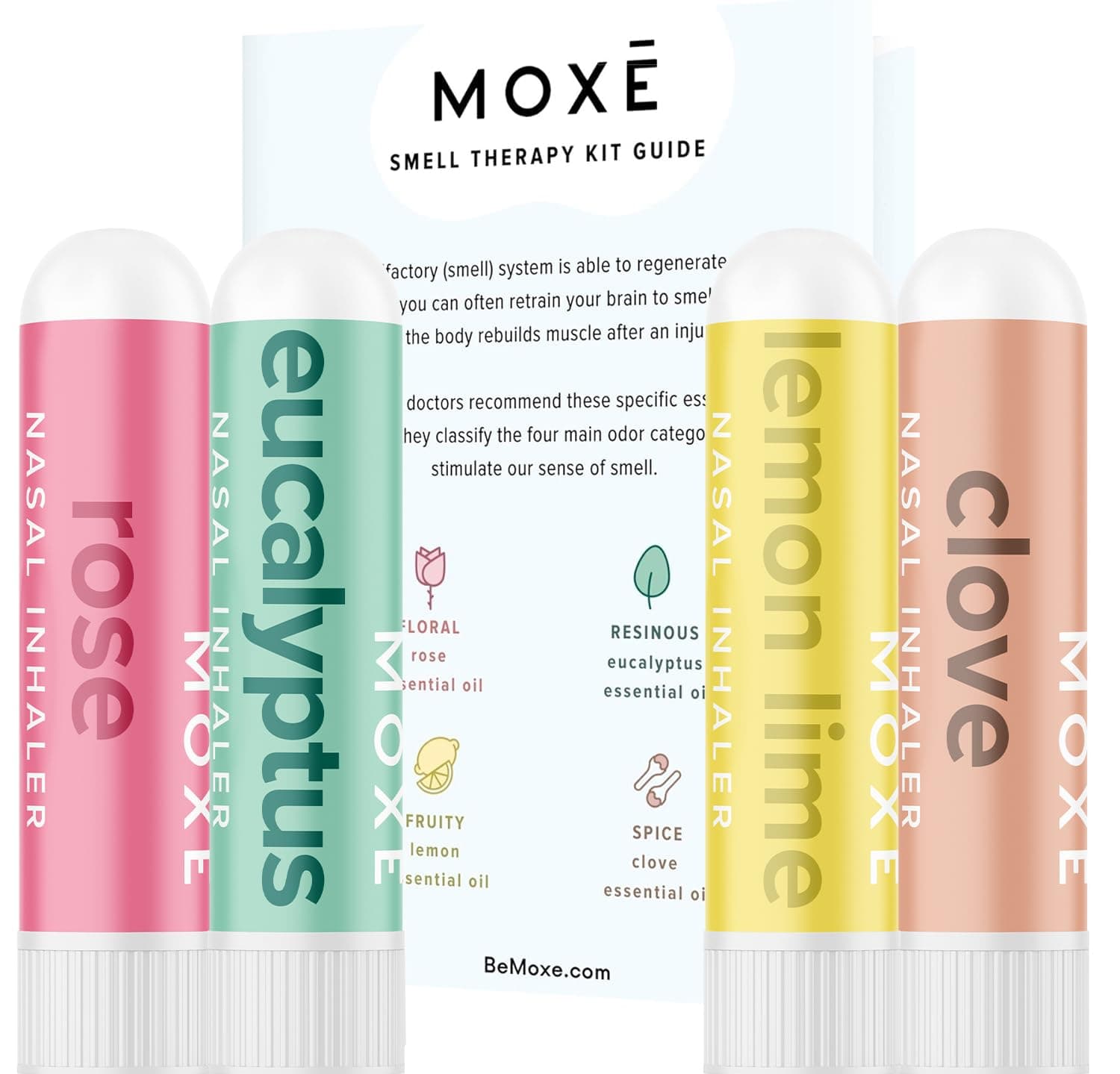 MOXĒ Smell Training Kit, Made in USA, 4 Essential Oils, Olfactory Regeneration, Helps Restore Sense of Smell, Natural Therapy for Smell Loss (Phase 1) | Helps Restore Sense of Scent, Natural Therapy for Anosmia, Lemon, Rose, Clove, Eucalyptus, With Guidebook and Personal Log