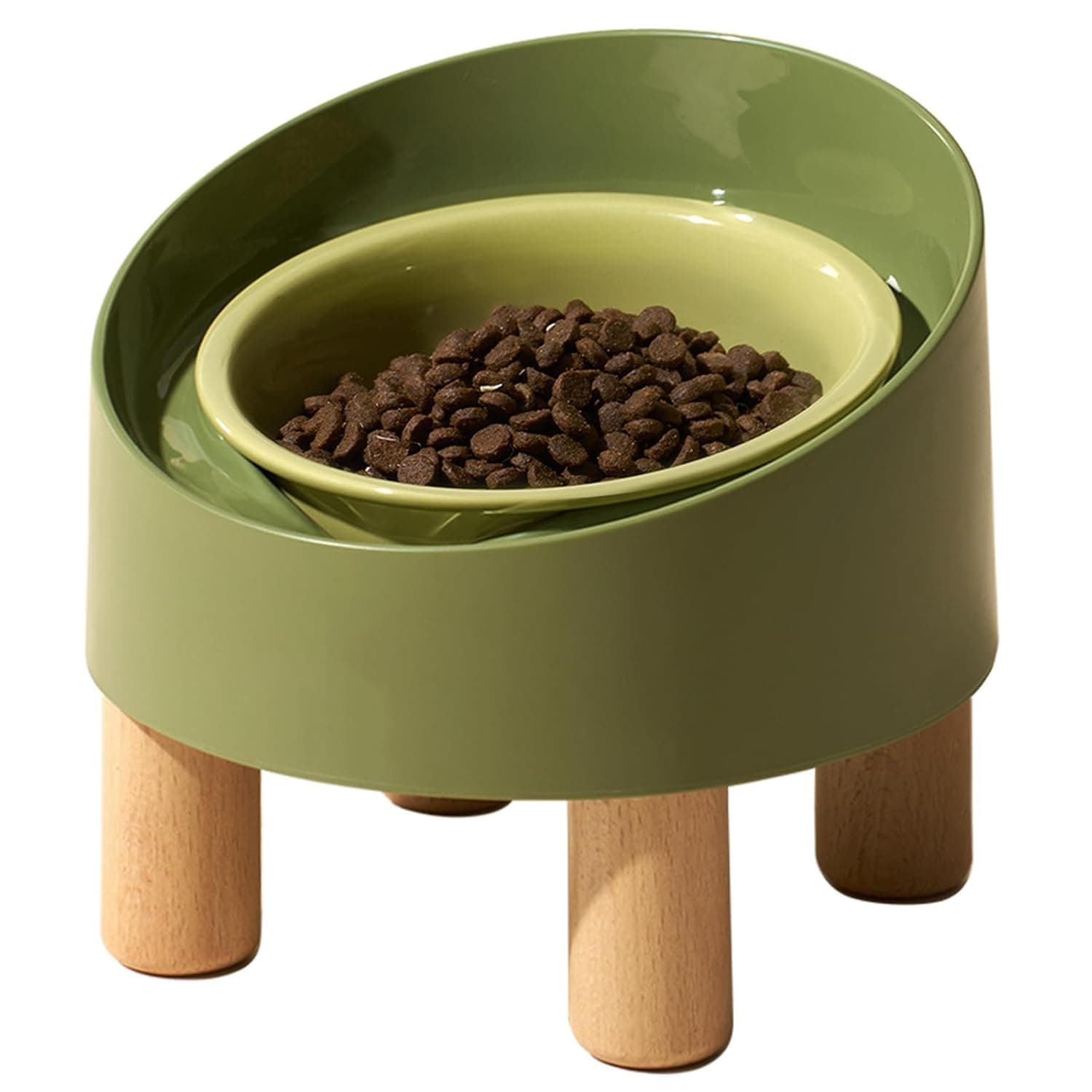 Ceramic Elevated Cat Bowls, Cat Food Bowl with Bamboo Stand, No Spill Pet Food Water Bowl, Tilted Elevated Raised Pet Dish, Anti - Slip Rubber Pad, Leak-Proof, Lead & Cadmium Free, Anti Vomiting