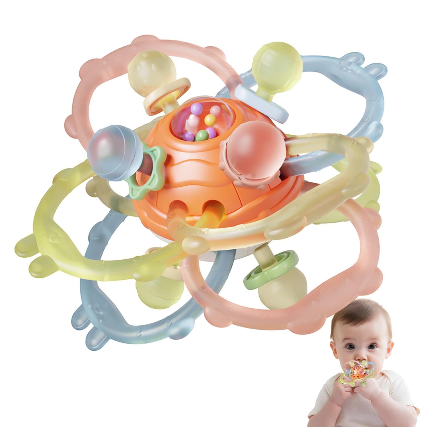 Baby Sensory Teething Toys, Infant Montessori Teether Ball, Silicone Baby Rattle Ball Toy, Babies Chew Toys for 3-6-12-18 Months Sucking Needs, Teethers Relief, BPA Free,Orange