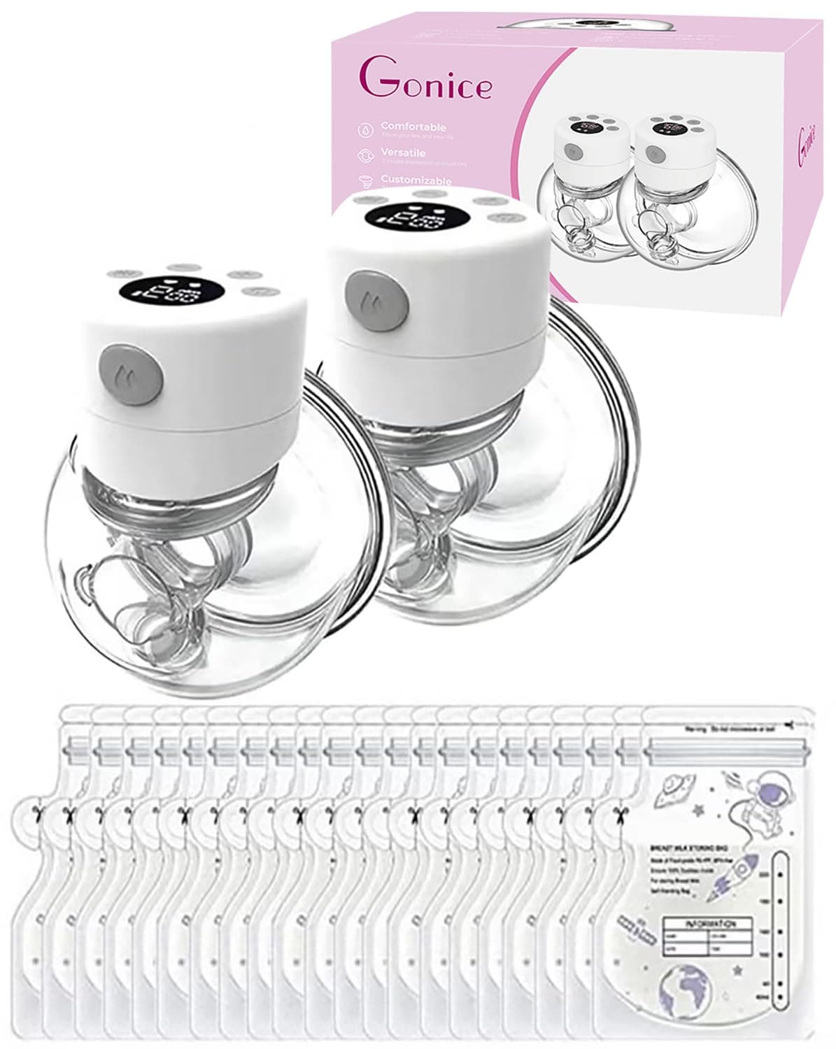 Pack Of 2 Electric Hands Free Wearable Breast Pump With 30 Pcs Breastmilk Storage Bags