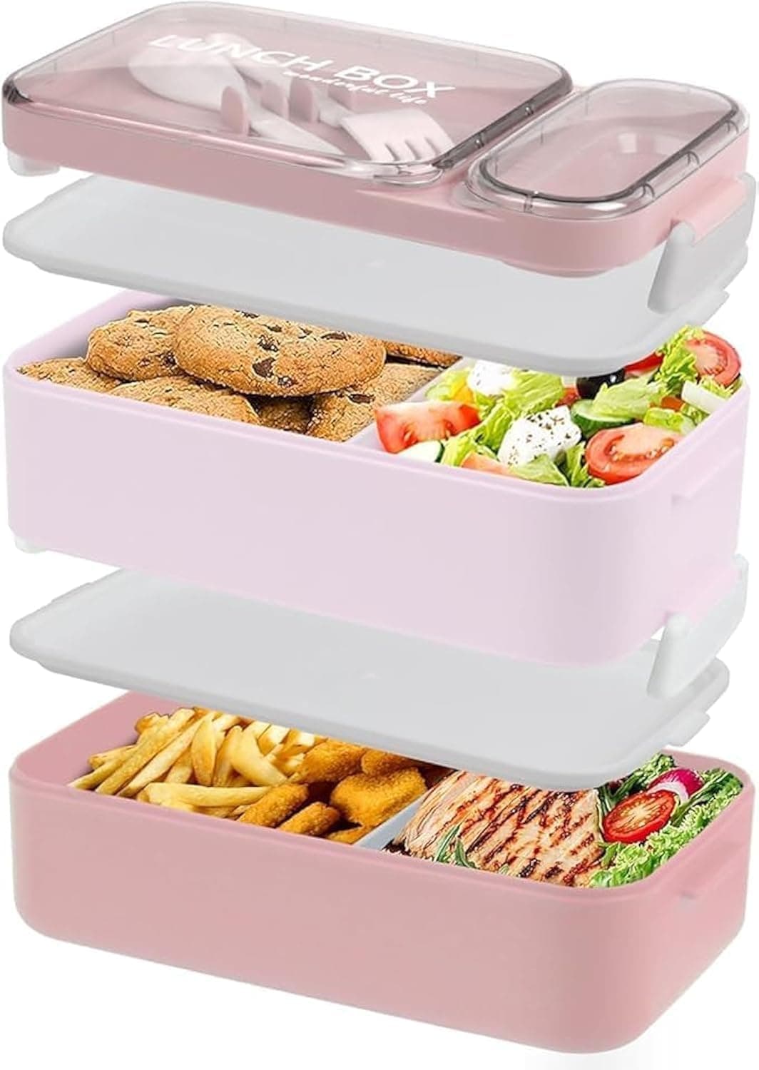 2 Layer Lunch Box - 1600ml Bento Box with Cutlery Set - 4 Compartments Lunch Box for Adults Men Women, Salad Container, BPA-Free, Microwave Safe, Leakproof, 20.5x11.5x12cm(pink)
