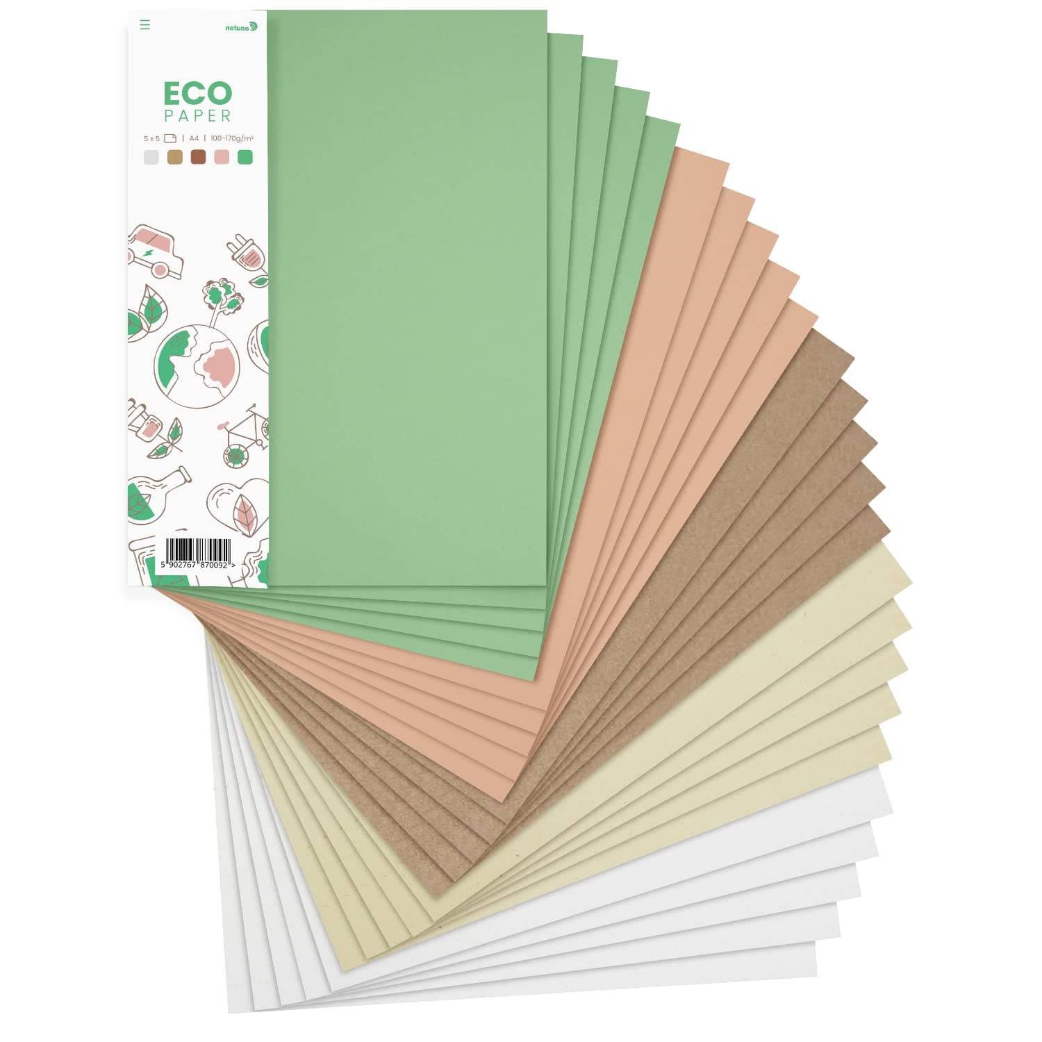 Netuno 25 x Creative Paper Natural Colours DIN A4 210 x 297 mm 5 Assorted Colours Craft Paper Coloured Drawing Paper Mix Craft Set Fine Paper Colourful A4 Scrapbooking Paper Mix Coloured Decorative