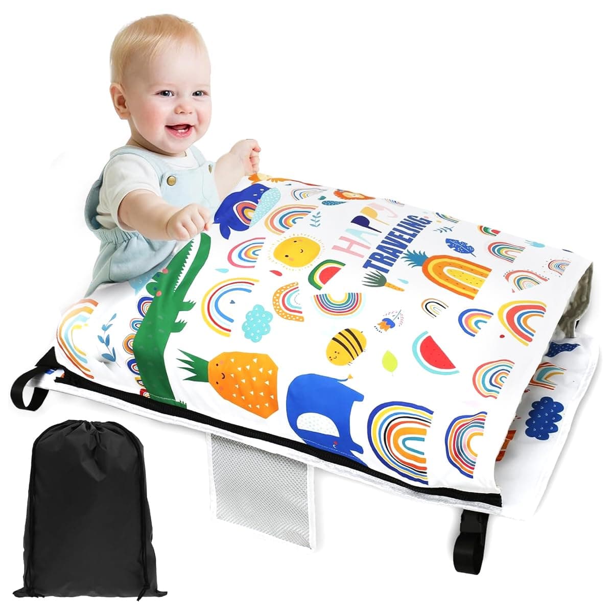 HANNEA® Toddler Airplane Bed with Removable Cartoon Print Blanket 77x 44cm Seat Extender for Kids 2 in 1 Hanging Airplane Bed Travel Airplane Bed Airplane Foot Rest for Kids 3-5 Years Old