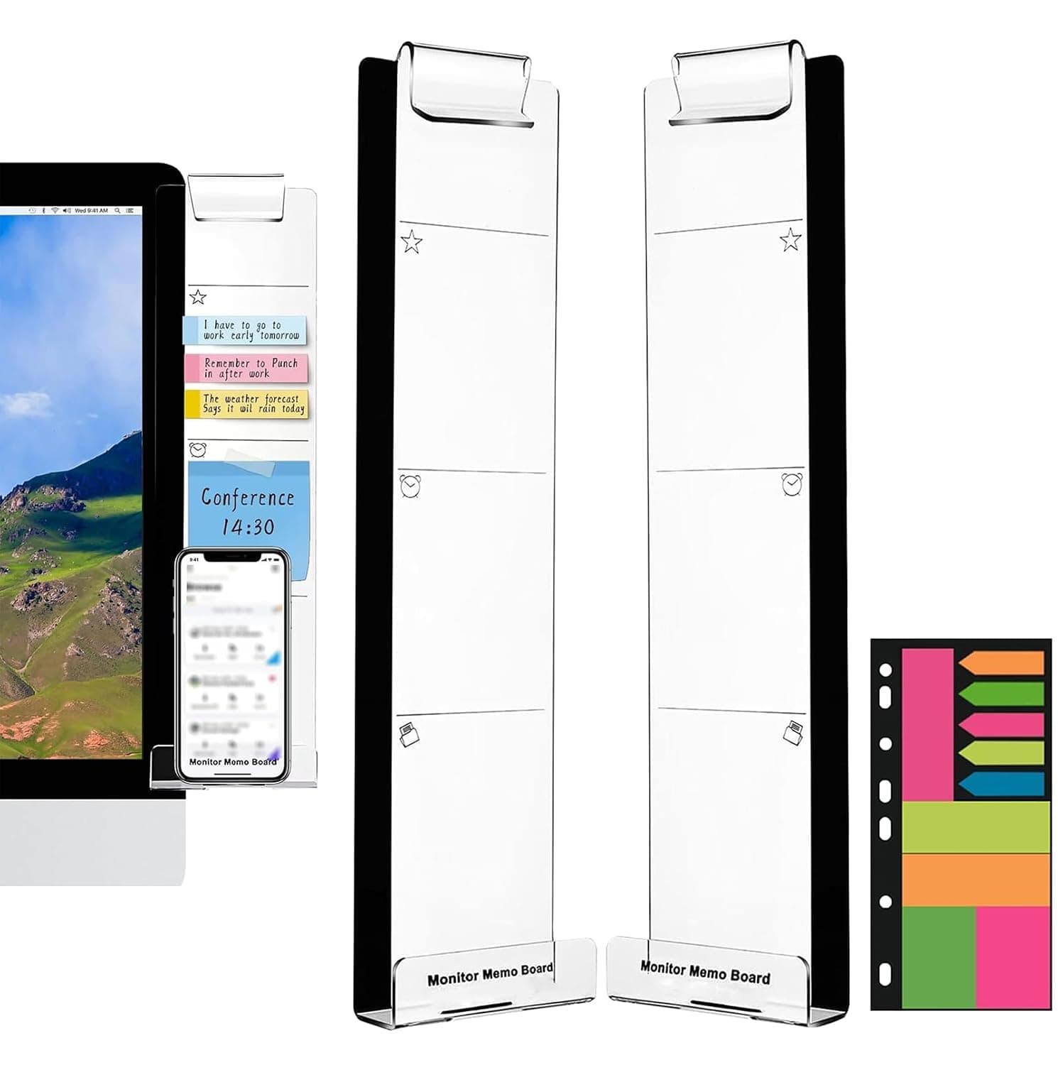 Computer Monitor Memo Board, Clear Acrylic Side Panel Message Board Set of 2 (Left & Right), Screen Sticky Note Organizer with Phone Holder for Office Desktop