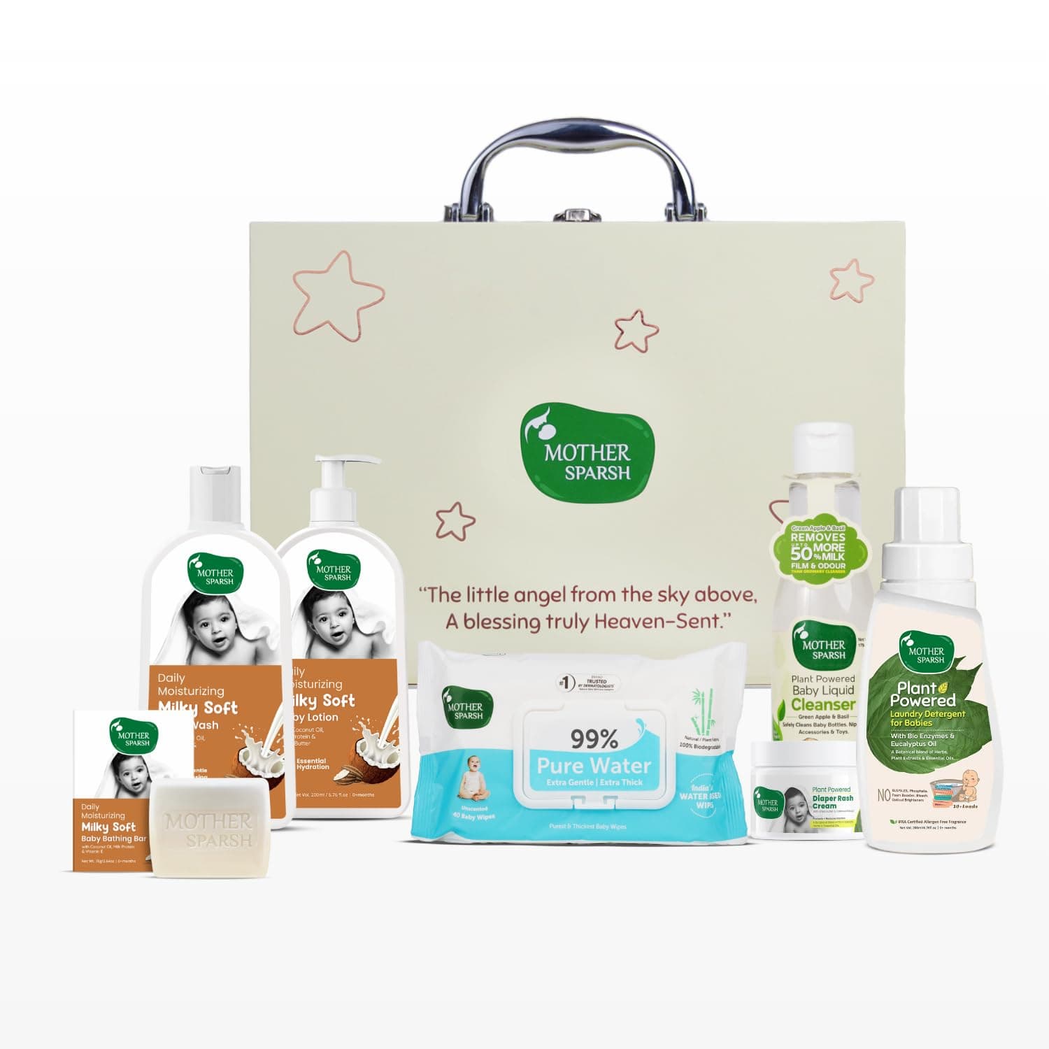 Mother Sparsh The Blessing Box , Baby Gift Box with Suitcase and 7 Baby Care Essentials | Perfect Gift Set for Babies, Newborns & Baby Showers