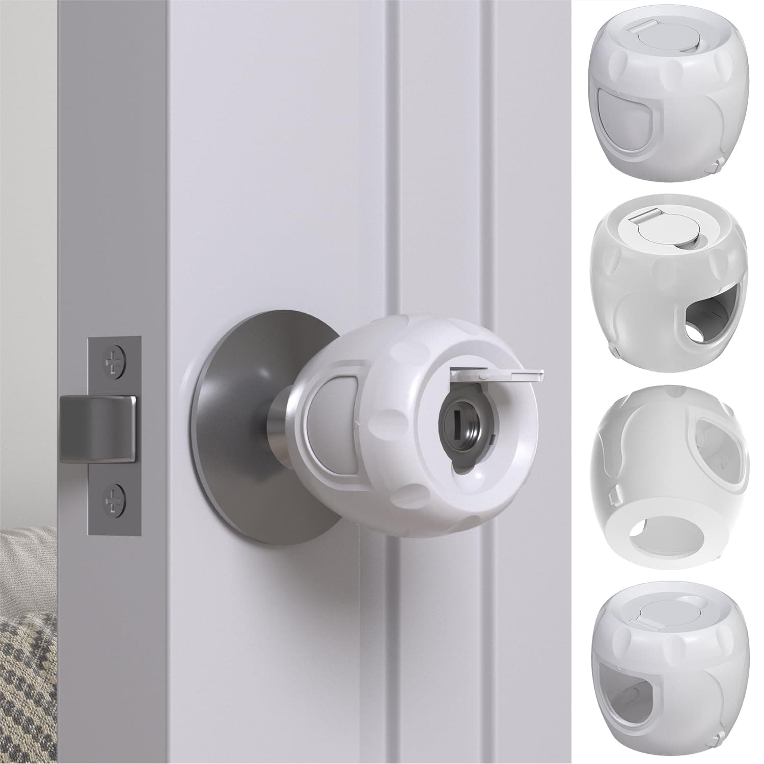 4 Pack Innovative Door Knob Safety Cover for Kids, Baby Safety Door Lock Childproof Door knob Handle Covers, Hidden Holes Covers and Lock Flap Cover Design - No Screwdriver or Tools Needs