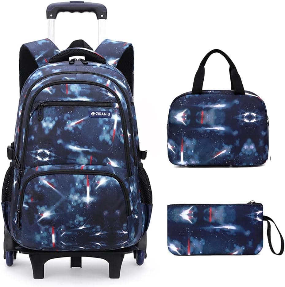 3Pcs Rolling Backpack for Girls Dream Princess Wind Bookbag with Wheels Travel Bag Trolley School Bag with Lunch Box purple