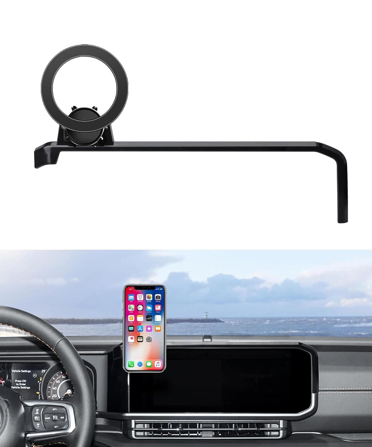 حامل جوال للسيارة من مازر ويلر لسيارة جيب رانجلر 2024 2025 / جيب جلادياتور جيه تي 2024 2025، مشبك ثابت للشاشة 12.3 انش، حامل موبايل دوار 360 درجة متوافق مع ماج سيف