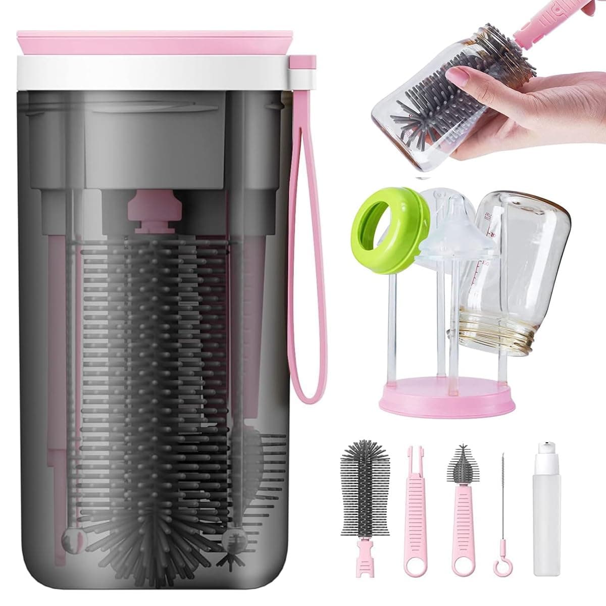 Uand Home Baby Bottle Brush,Travel Bottle Cleaner Kit,Baby Bottle Travel Essentials with Extendable Silicone Bottle Brush,Nipple Cleaner Brush,Straw Brush,Soap Dispenser and Bottle Drying Rack(Pink)