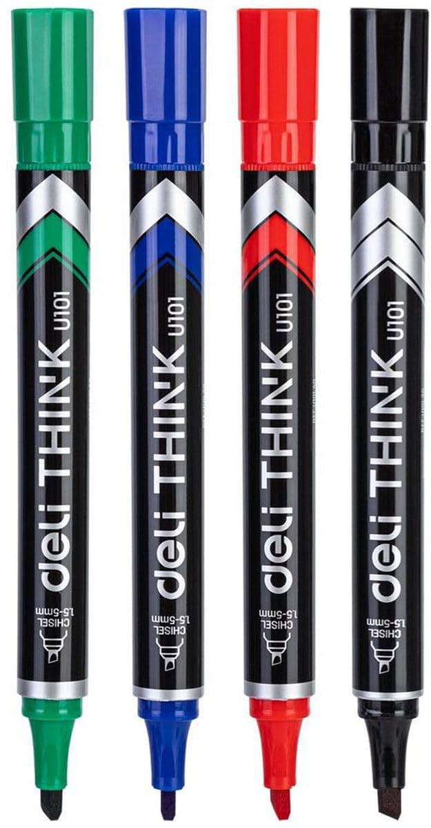 Deli 1.5-5 Mm Think Chisel Tip Permanent Marker Set 4-Pieces, Black/Blue/Red/Green, Multicolor