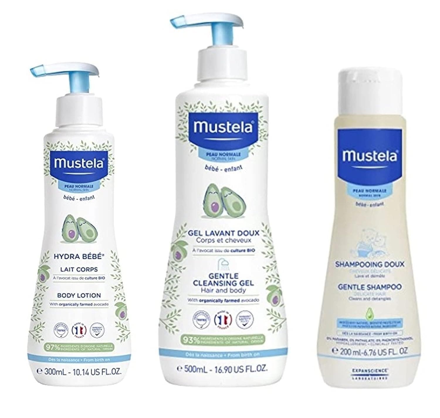 Mustela Baby Skincare Combo Pack | Hydra Bébé Body Lotion 300ml + Gentle Cleansing Gel 500ml + Gentle Shampoo 200ml | Daily Moisturizing, Cleansing & Hair Care (3, 1000)