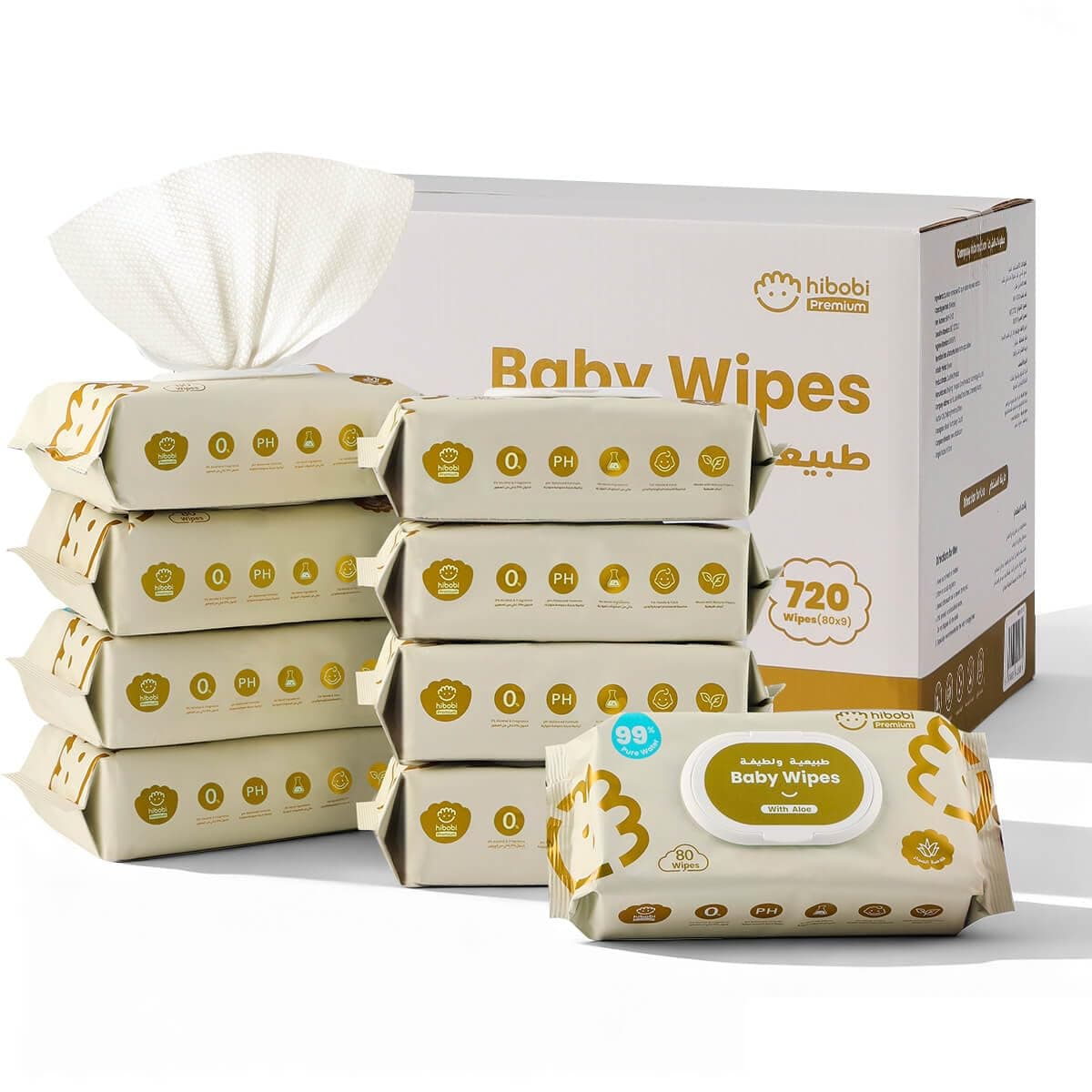 Hibobi Premium Baby Wet Wipes for Sensitive Skin, 9 Flip-Top Packs, 80 Wipes per Pack (720, Extra Large)