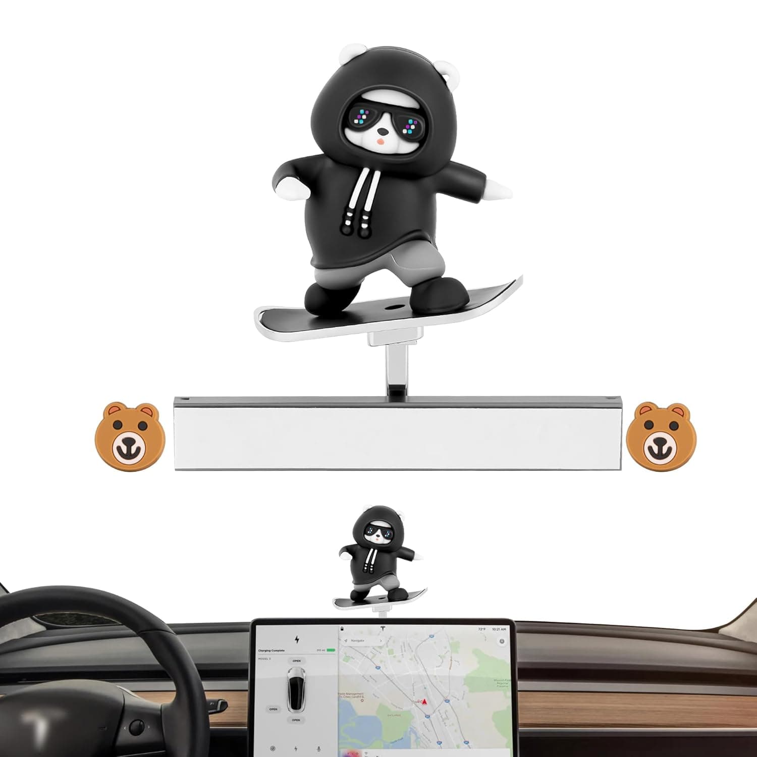 Creative Slidable Skateboard Bear Car Interior Control Screen Decoration Compatible with 2017-2026 Tesla Model Y/3/Cybertruck Accessories, Car Interior Dashboard Decorations Accessories for Tesla