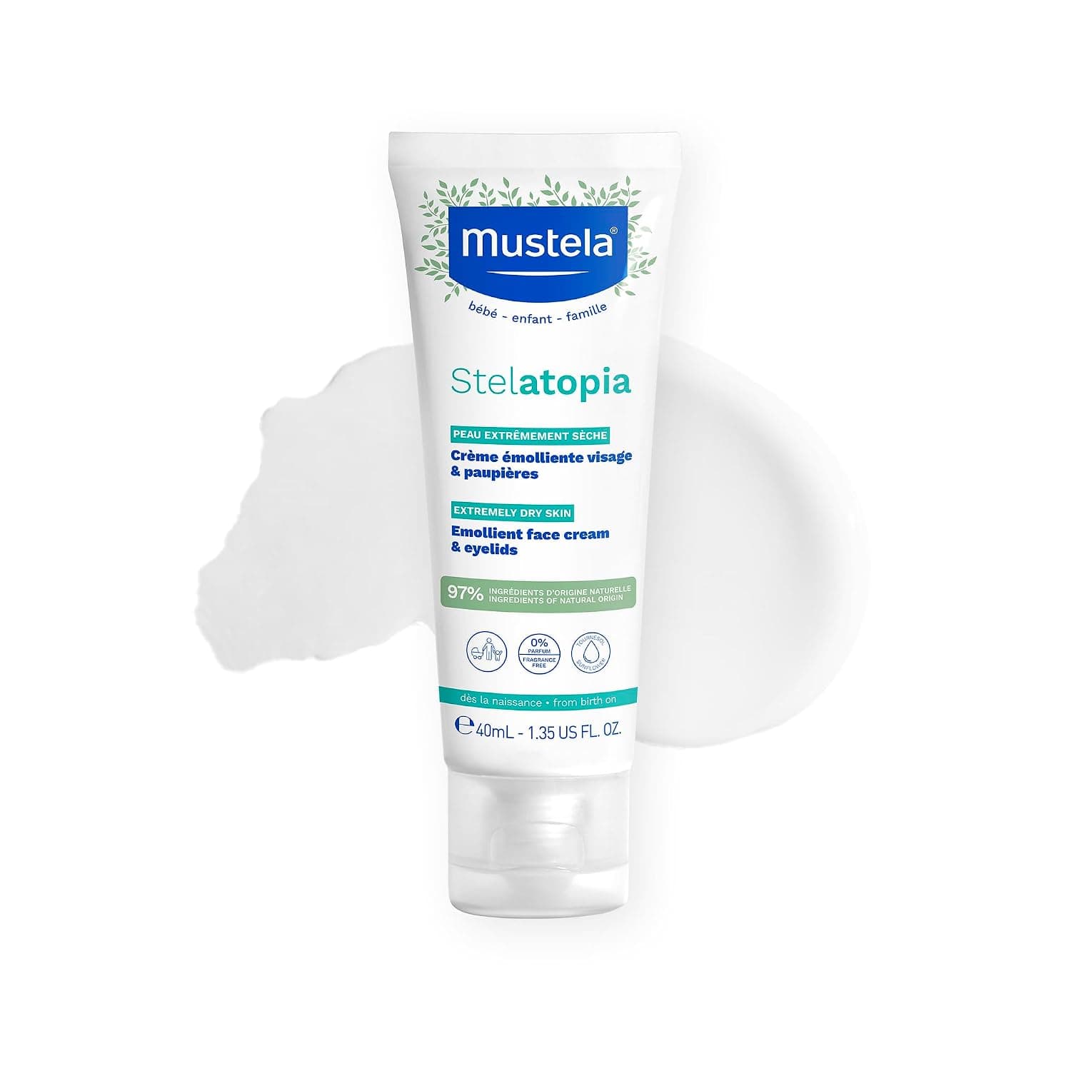 Mustela Stelatopia Eczema-Prone Skin Emollient Baby Face Cream - Face Moisturizer with Natural Avocado & Sunflower Oil - Fragrance-Free - 40ml