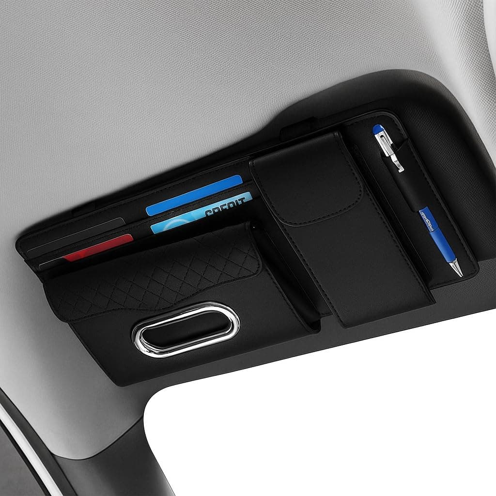 car sun visor organizer, visor tissue holder for clean interior, car visor accessories for documents and cards, car accessories, car interior storage, made of elegant PU leather. (BLACK)