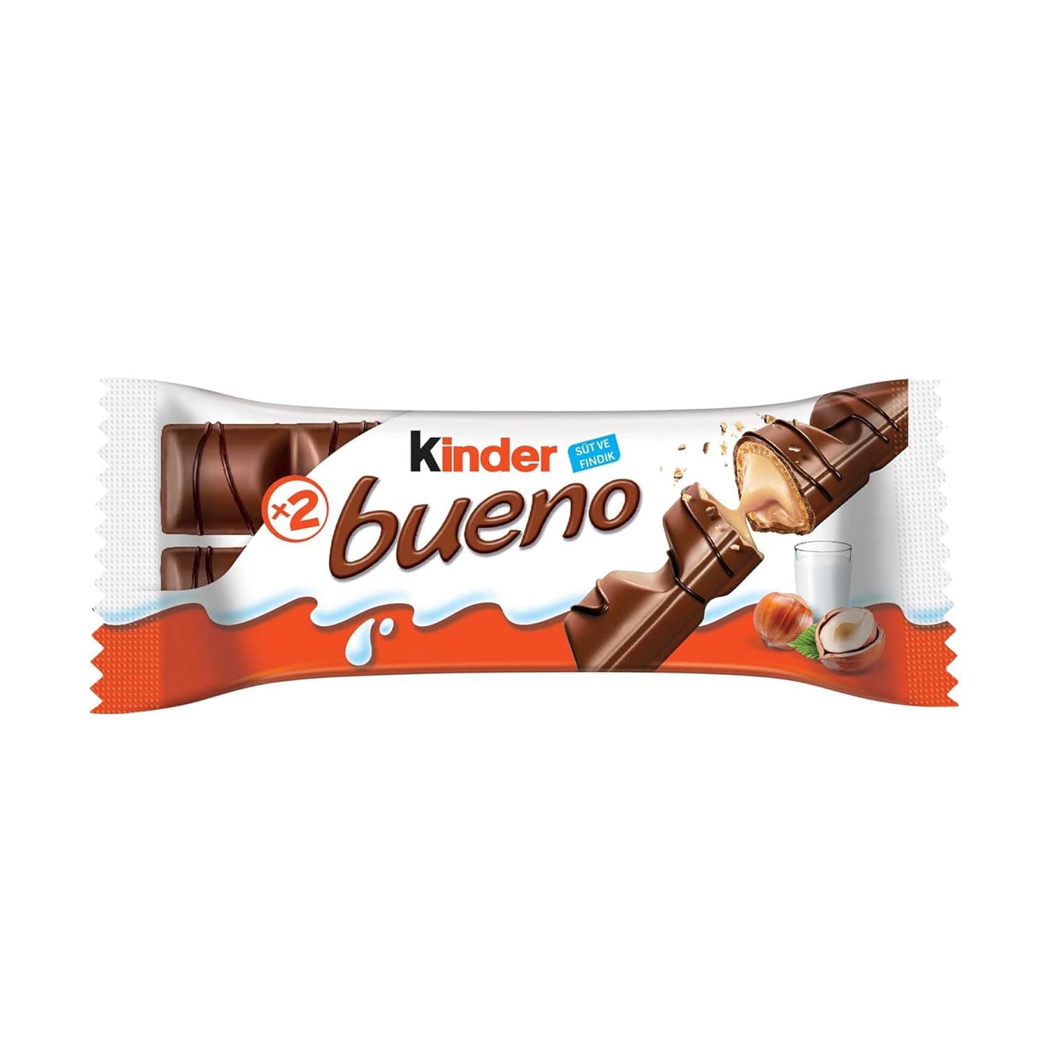 Kinder Bueno Milk Chocolate Bar In Wafer With Hazelnut Cream, Individually Wrapped Bars 43 g