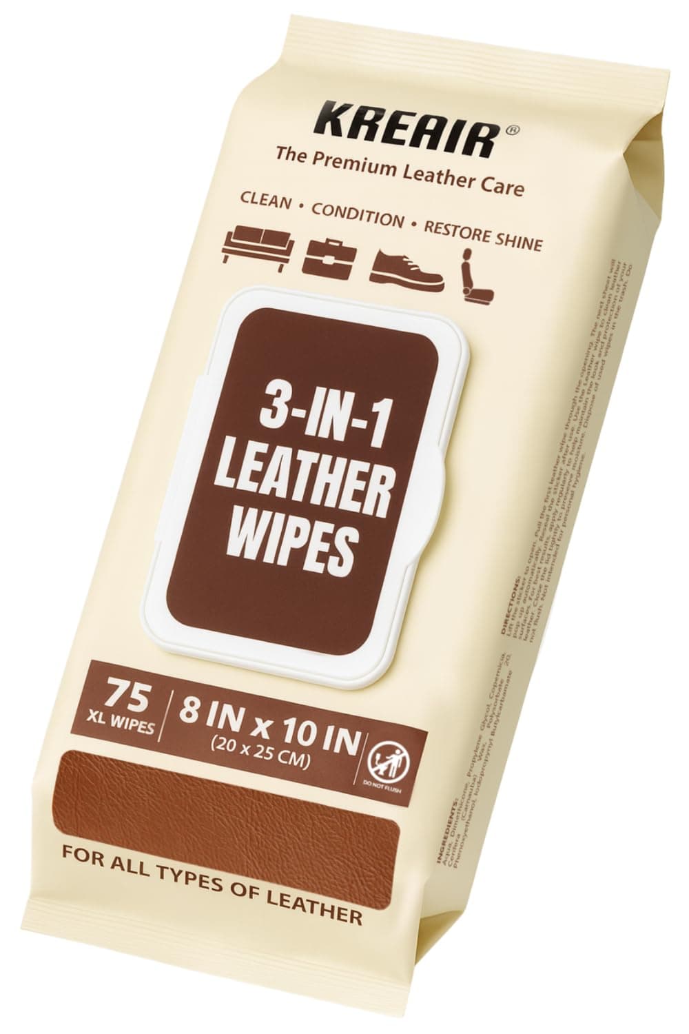 3in1 Leather Wipes 75 XL Count, Clean, Condition & Restore Shine, Extra-Large 8"x10" Wipes for Car Seats, Shoes, Furniture & Bags, Thick, Durable & Non-Linting, Safe for All Leather Types