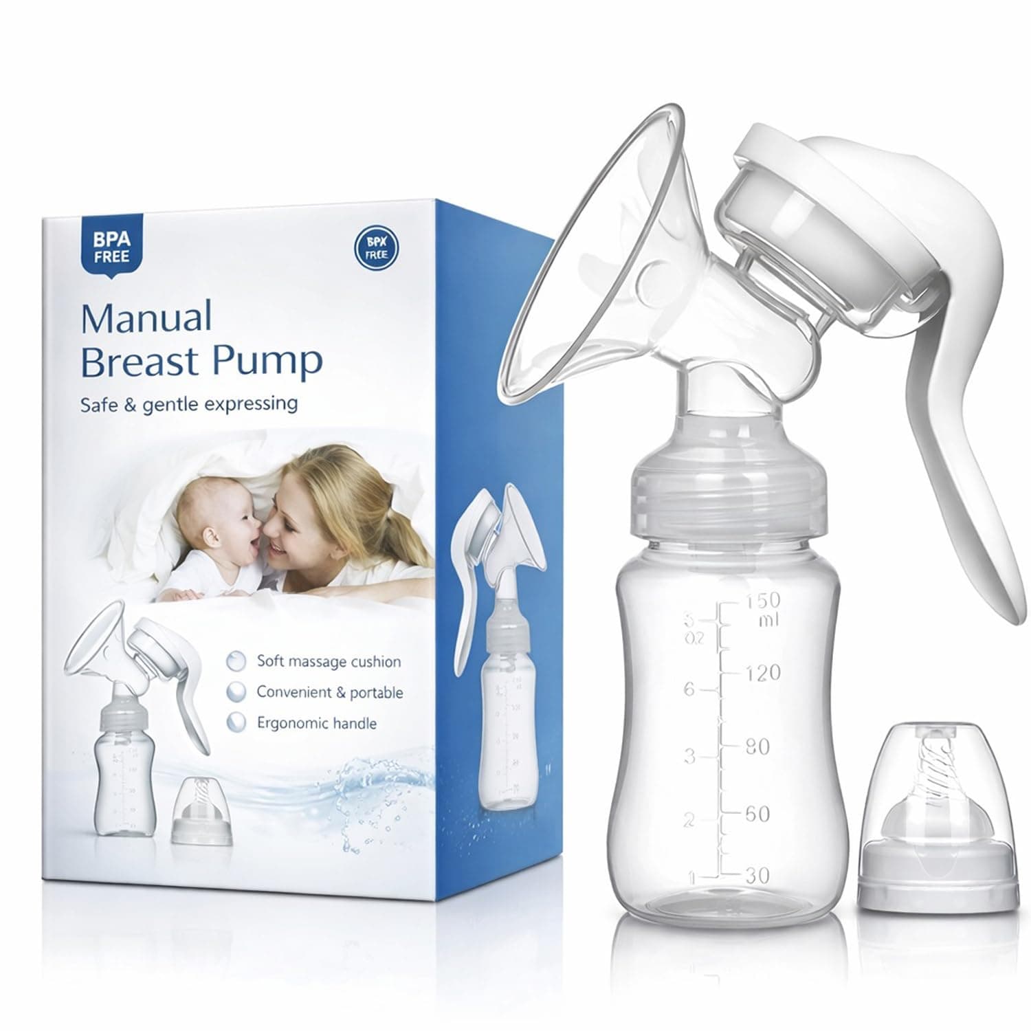 Manual Breast Pump, Portable Silicone Breastfeeding Pump with 150ml Milk Storage Bottle, Adjustable Suction, BPA-Free Material, Easy Cleaning Design