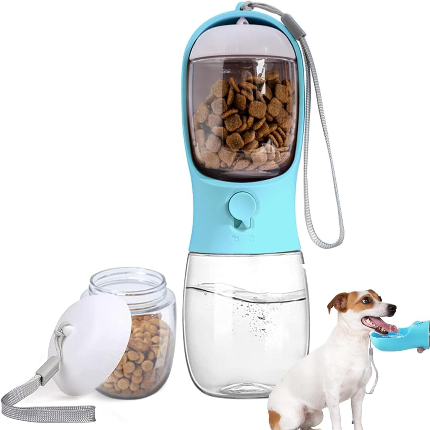 10oz Dog Water Bottle, Portable Water Bottle with Food Container for Dogs Cat Pet Hiking Walking Travel Camping, Leak-Proof Dog Water Bowl Dispenser with Feeder Function Puppy Essentials