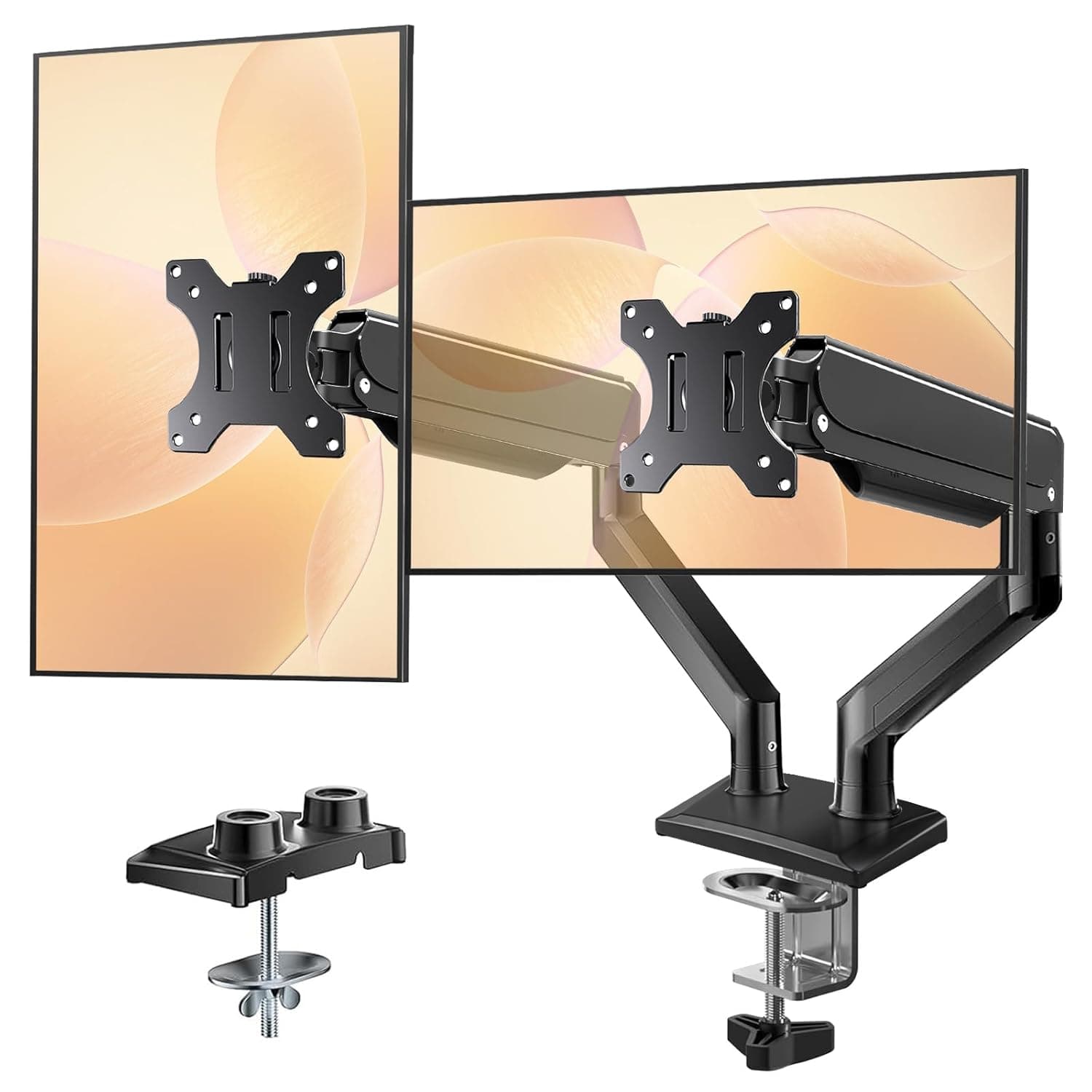 Dual Monitor Arm for 13-32 Inch Screen, Gas Spring Monitor Mount Stand- Adjustable Monitor Holder with C-Clamp & Grommet Base, Max 10kg per Arm, VESA 75x75/100x100, Cable Management