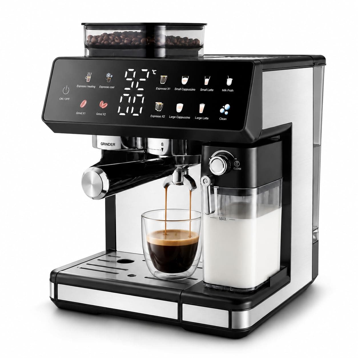 GREEN MOUNT 3-in-1 Espresso Machine with Grinder, 20Bar Professional Pressure, 2.7L Water Tank, 1350W Automatic Coffee and Espresso Maker Combo for Latte and Iced Coffee