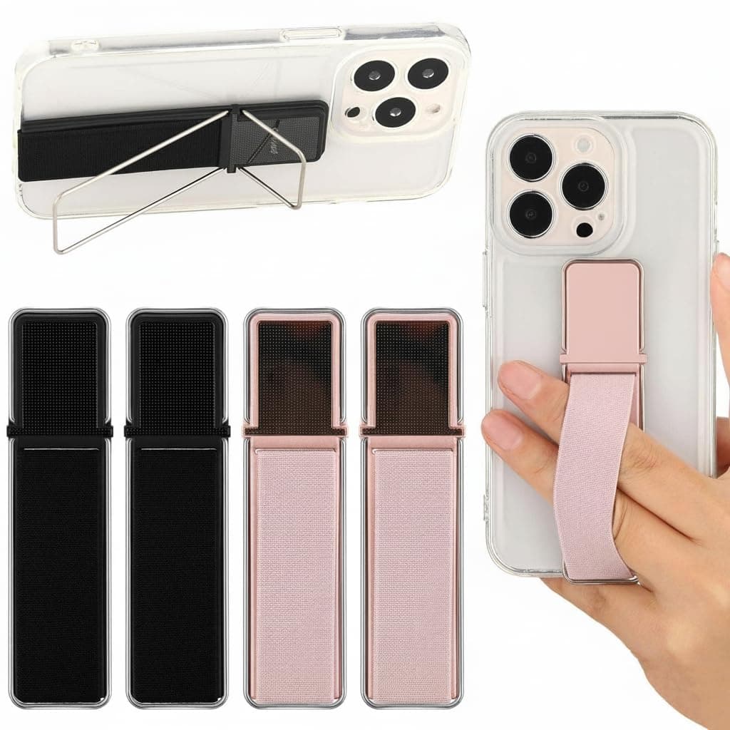 حزام يد ومسند للجوال، مرن ومزود بحلقة لاصقة لإمساك الجوال مع حامل متوافق مع معظم الجوالات الذكية (أسود، ذهبي وردي)، 4 قطع