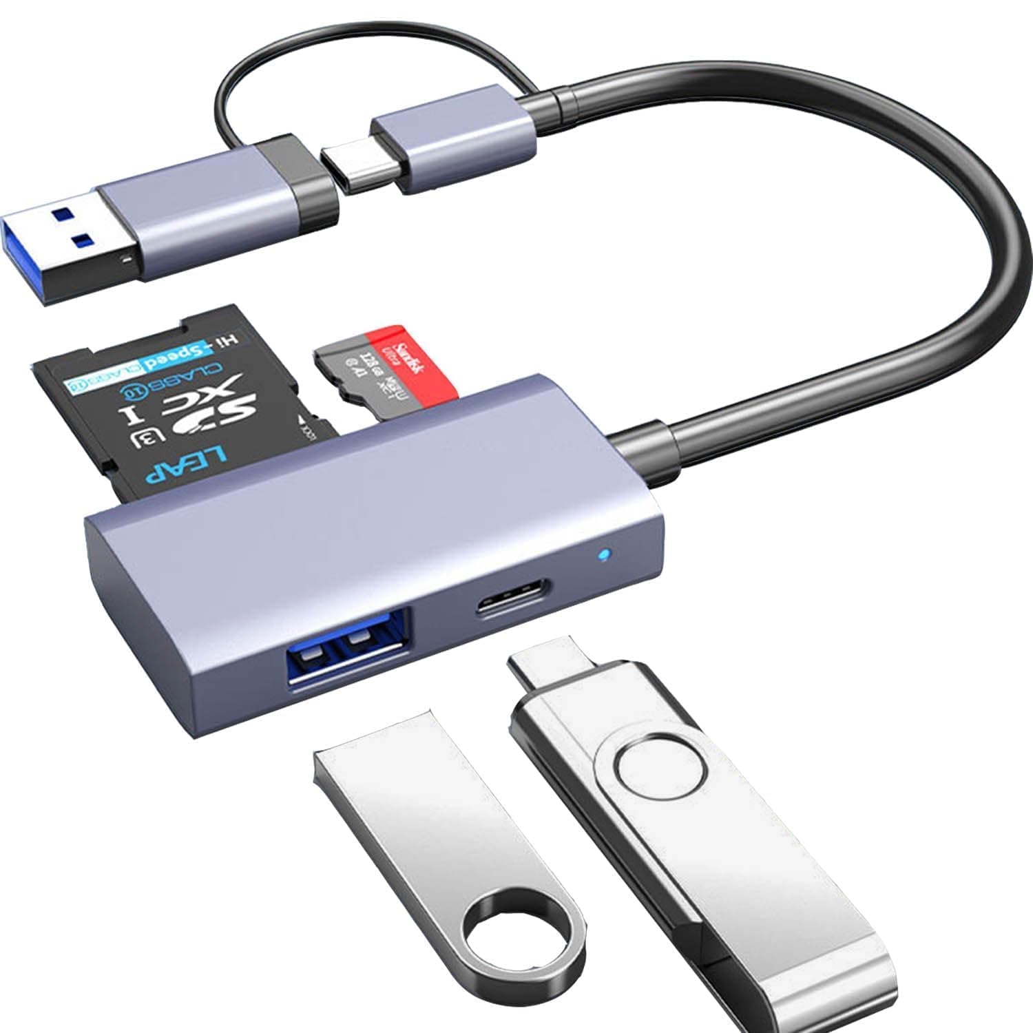 موزع USB C من الالومنيوم 4 في 1 مع قارئ بطاقات SD/TF - يتميز بمنافذ بيانات USB 3.0 وUSB-C، متوافق مع الكمبيوتر واللابتوب واي ماك برو وماك بوك برو/اير وسيرفيس