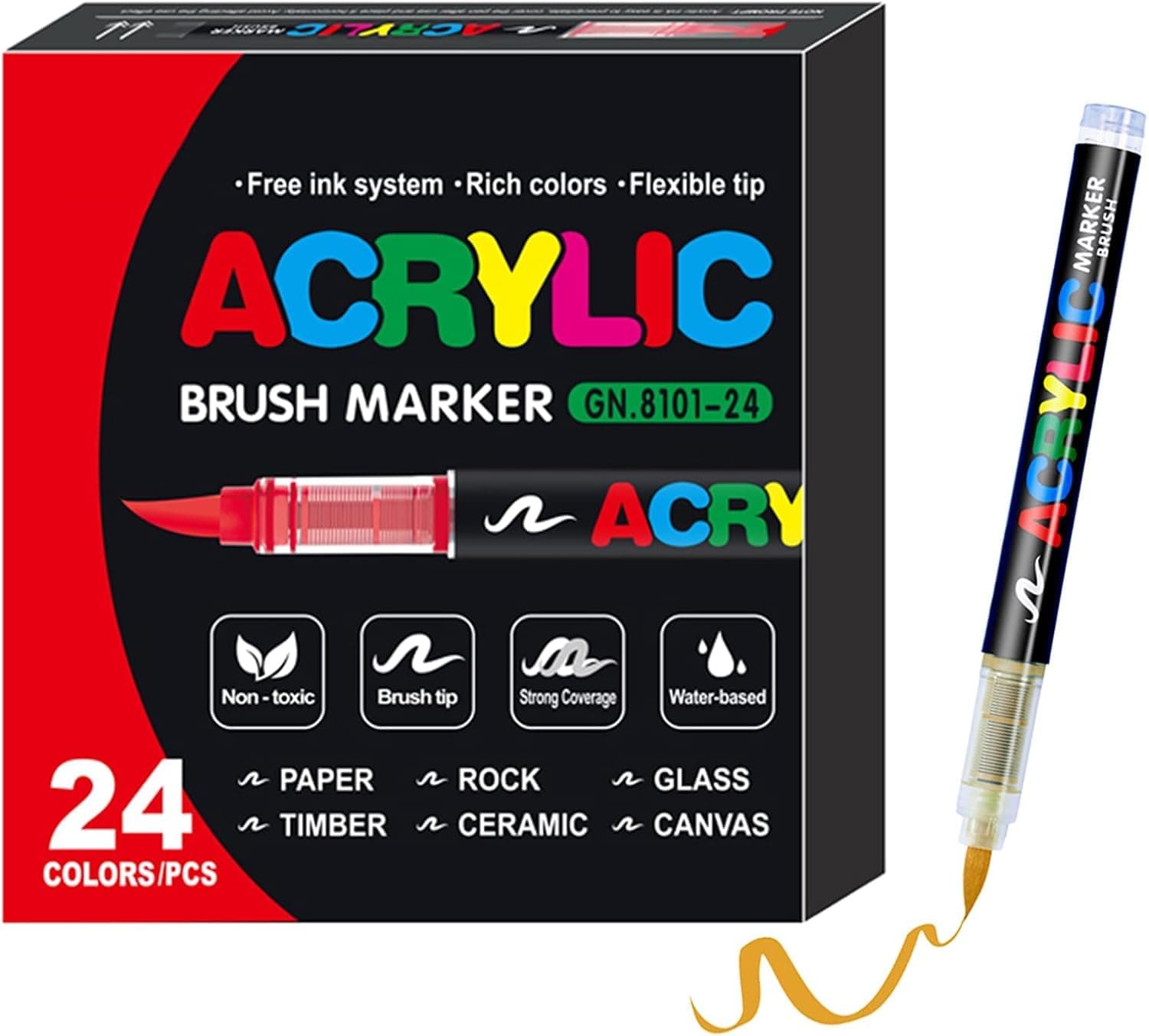 LUCKY 24 Colors No bleeding Non-Toxic Multi-Surface Flexible Tip Acrylic Paint Brush Markers Set, Water-Based Painting Art Pens for Canvas, Glass, Wood, Paper, Ceramic (24)