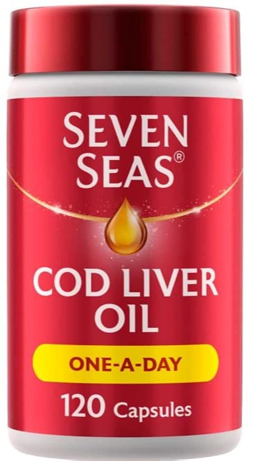 Cod Liver Oil One-A-Day by Seven Seas, Omega-3 supplement supporting Brain, Heart, Vision, Plus High Strength Vitamin D for the immune system, 120 Capsules