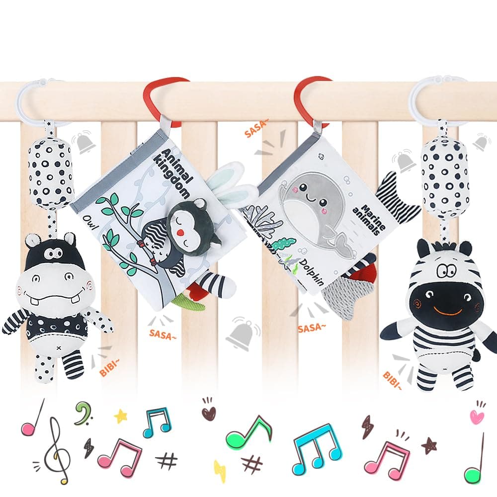High Contrast Hanging Rattle Toys for Babies, Black and White Baby Toys Soft Plush Animal Rattles with Soothing Sounds – Ideal for Newborns to Toddlers (4 Pack) (Animal)