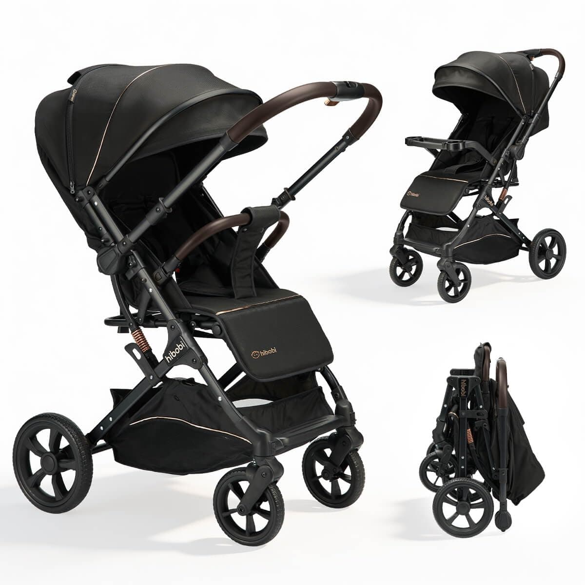 Hibobi Cirro Reversible Lightweight Baby Stroller, Foldable Compact Stroller with Large Canopy, 7.9kg One-Hand Easy Fold, Smooth Ride Suspension for Toddlers,Gold (Black)