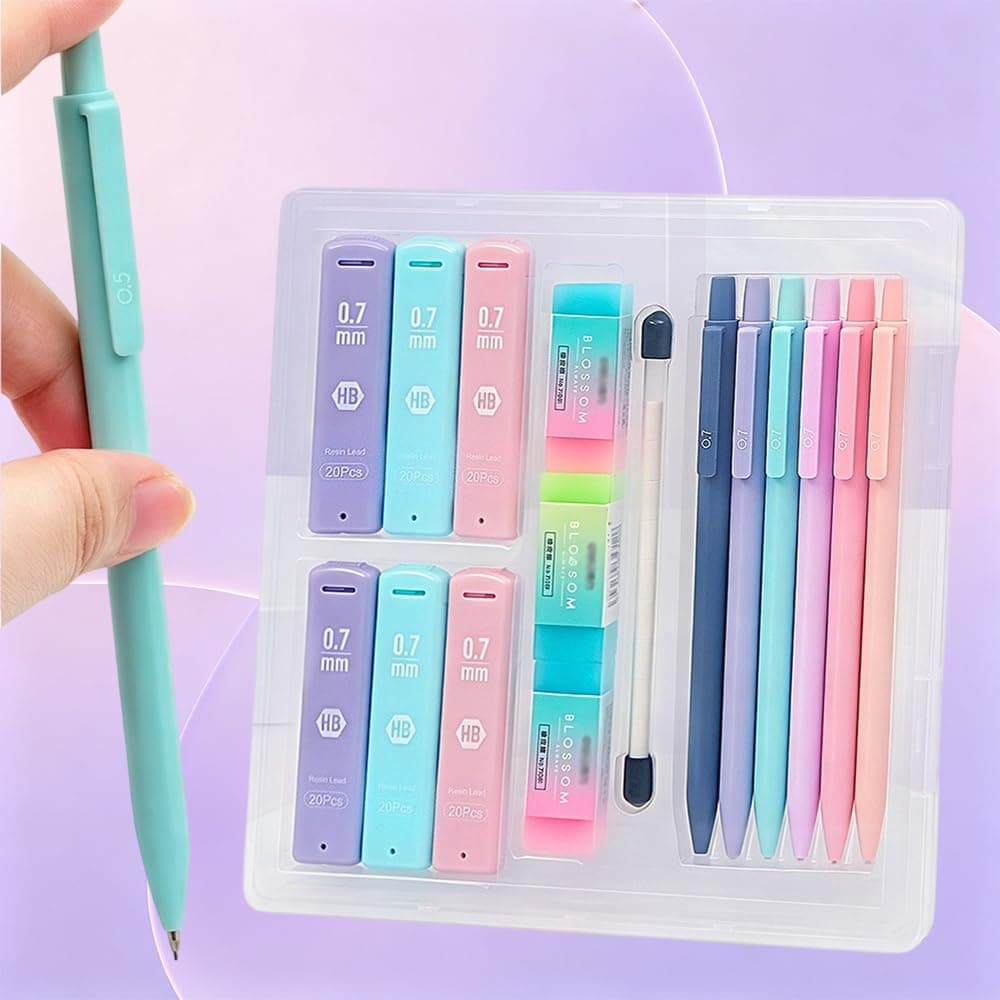 6 PCS Mechanical Pencil Set,with 6 Tube HB Refills,Cute and Durable,Ideal for Writing,Drawing,Sketching,Comfortable Grip and Smooth Lead, Suitable for Students Back-to-School Season(HB)