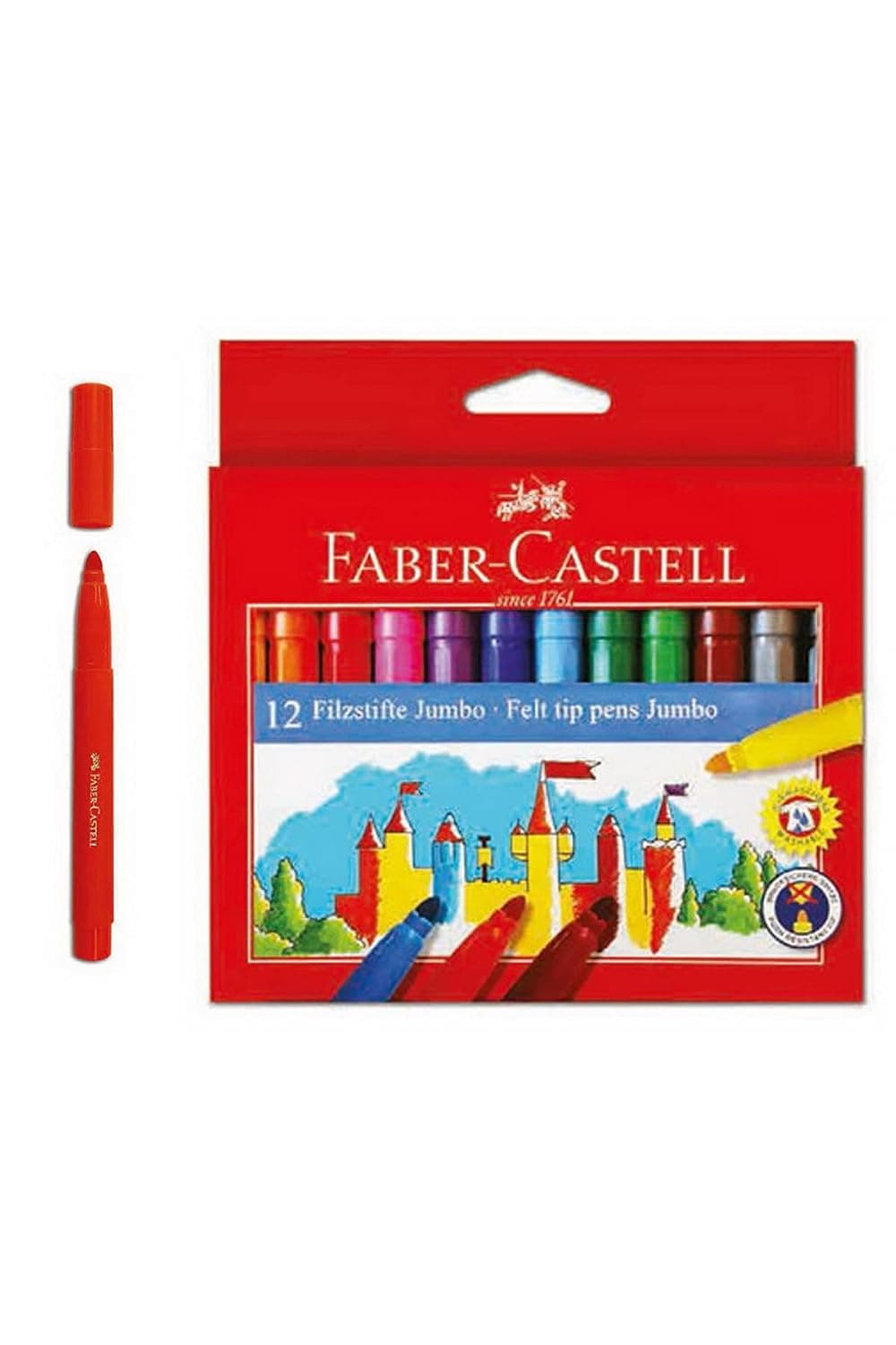 Faber-Castell Washable Fibre-Tips Jumbo Color Pen 12-Piece Set | Thick felt tip pens with bold colours for children's hands and colouring fun