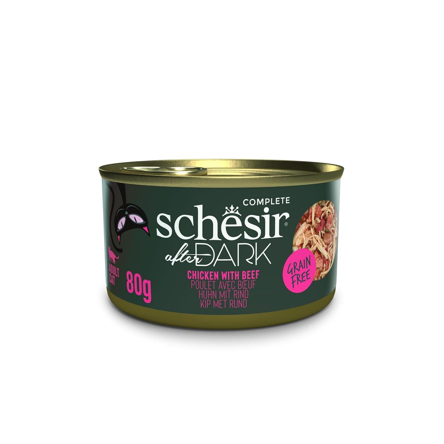 Schesir After Dark Wet Food Complete Meal with Chicken & Beef in Broth, 80 g Single Can