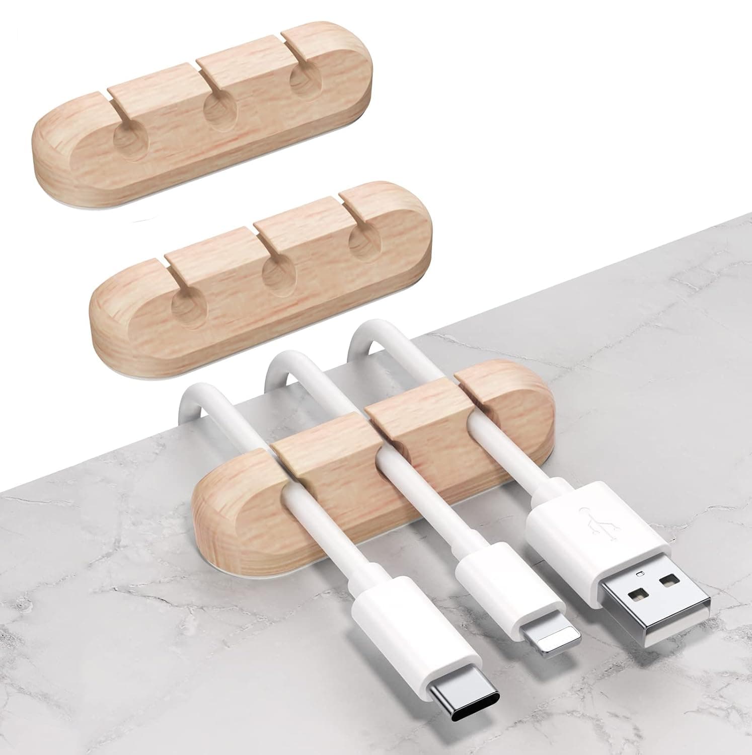 SOULWIT Cable Holder Clips, 3-Pack Cable Management Cord Organizer Clips Silicone Self Adhesive for Desktop USB Charging Cable Nightstand Power Cord Mouse Cable Wire PC Office Home - Wood Grain