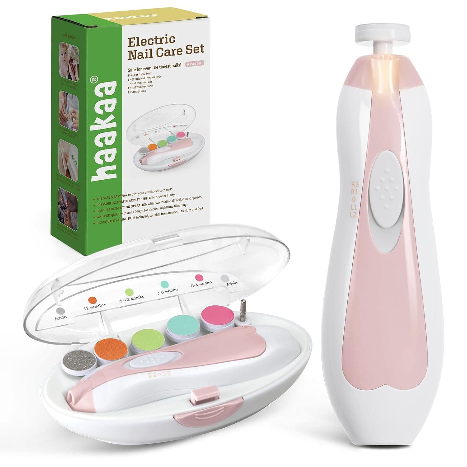 Haakaa Electric Baby Nail Care Set, Pink | Safe and Gentle Baby Nail Care with LED Light, Low Noise, 6 Grinding Heads and Storage Case for Toddlers and Adults