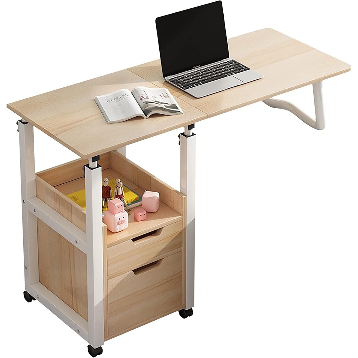 Overbed Table with Wheels, Portable Medical Overbed Table， Collapsible Dual Purpose with Drawer Hospital Bed Table, Height Adjustable Snack Table Laptop Table