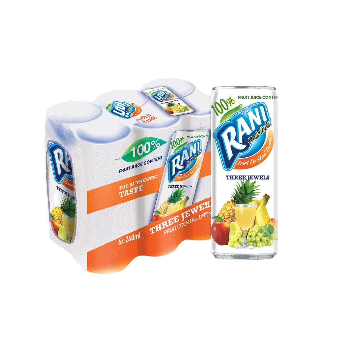 Rani Three Jewels Fruit Cocktail Juice No Added Sugar Can, 6 X 240 ml - Pack of 1