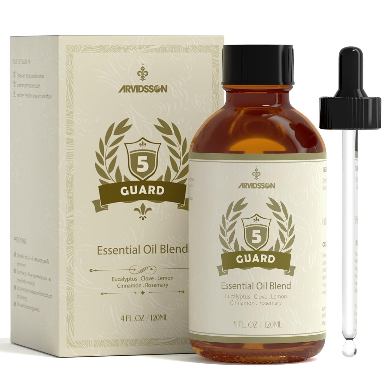 ARVIDSSON Five Guards Essential Oil Blend 4 Fl. Oz (120ml), Thieves Essential Oil, Combination of Clove, Eucalyptus, Lemon, Cinnamon, Rosemary Oils, A Refreshing Experience for Home