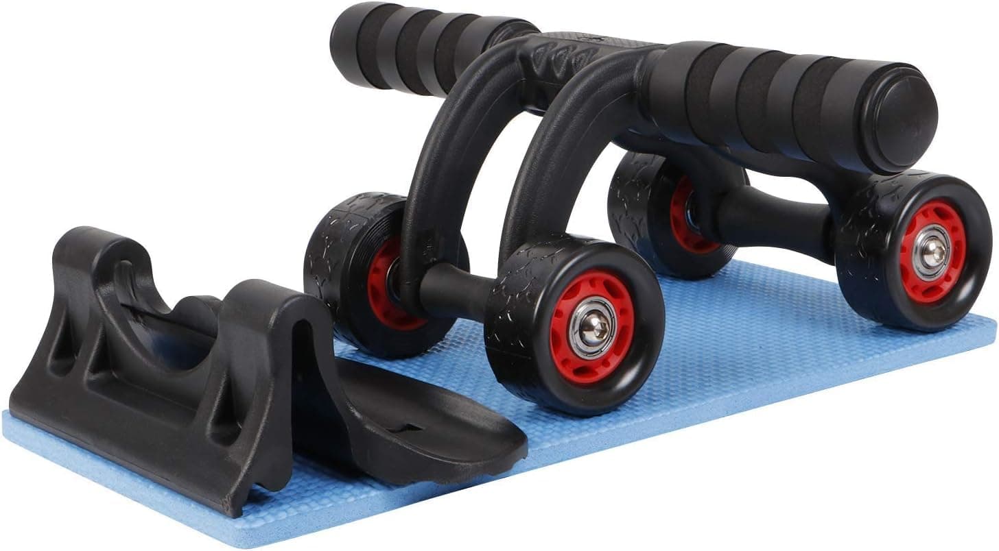 4-Wheel Ab Roller with Knee Mat & Stopper – Foldable Core Trainer for Abs, Arms & Weight Loss Help – Steel Handles, TPR Non-Slip Wheels – Home Fitness Exercise Equipment (Black)