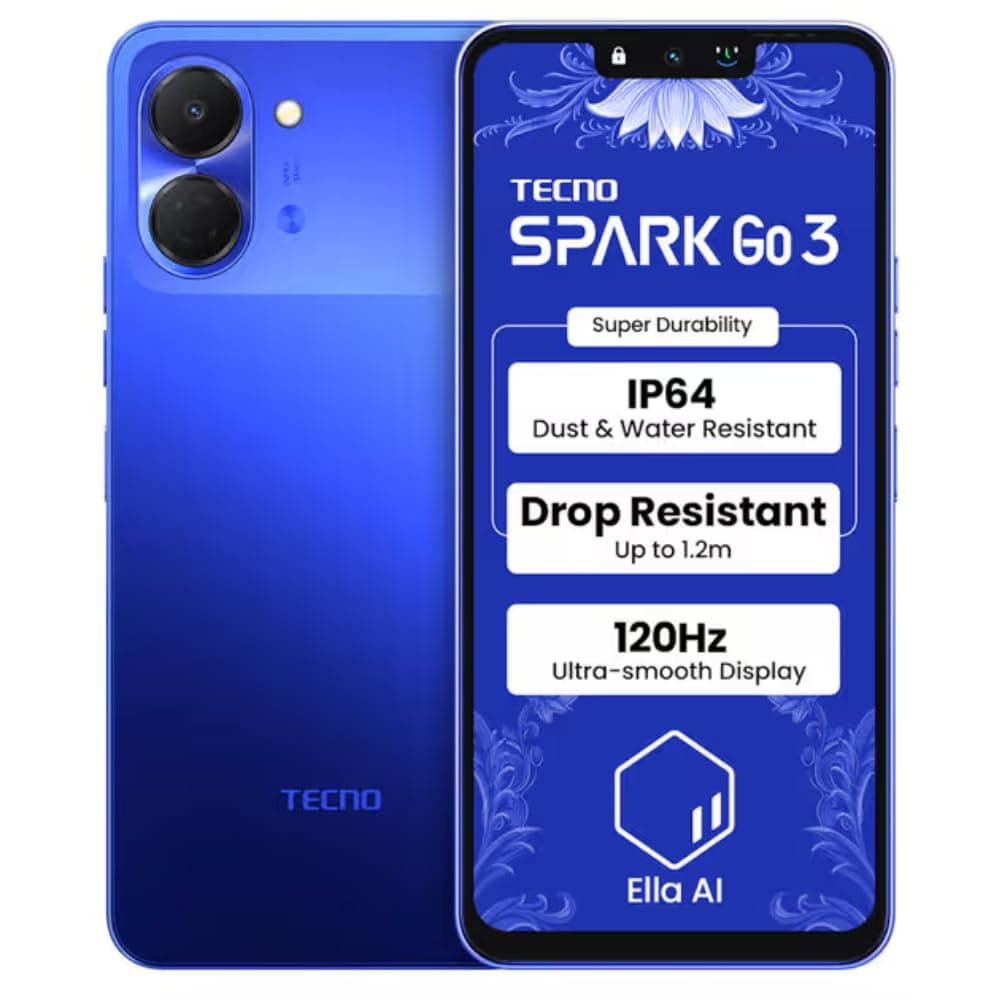 Tecno Spark Go 3, 6.75 inches 120Hz Smooth Display, 5000mAh Battery, 4GB RAM + 128GB Storage, 13MP Camera, Galaxy Blue