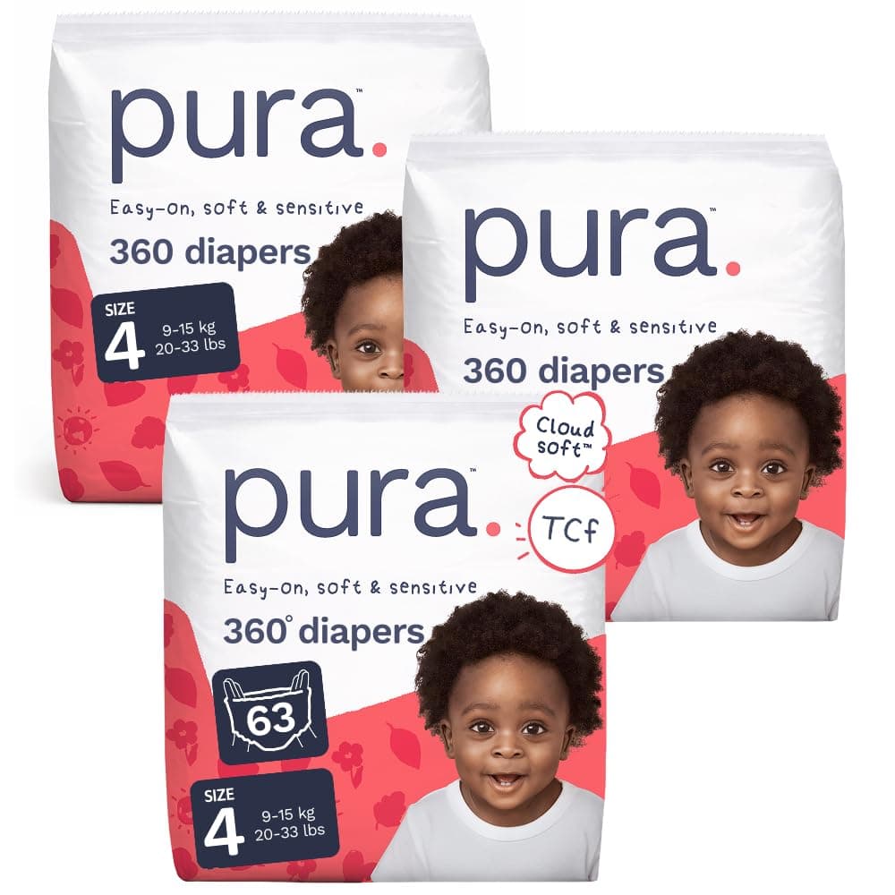 Pura 360° Diaper Pants Size 4, 63 Count, 20-33lbs, TCF, Stretch Fit, Pull On Diaper for Hypoallergenic & Sensitive Skin, Up to 12 Hours Overnight Leak Protection